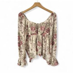 Sonoma Off the Shoulder Blouse Size S Cream Pink Floral Ruffle Sleeve Boho Top